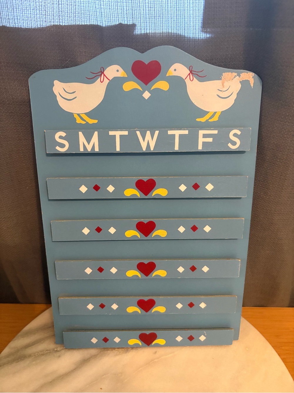 Hand-Painted Blue Weekly Wall Planner with Hearts and Ducks